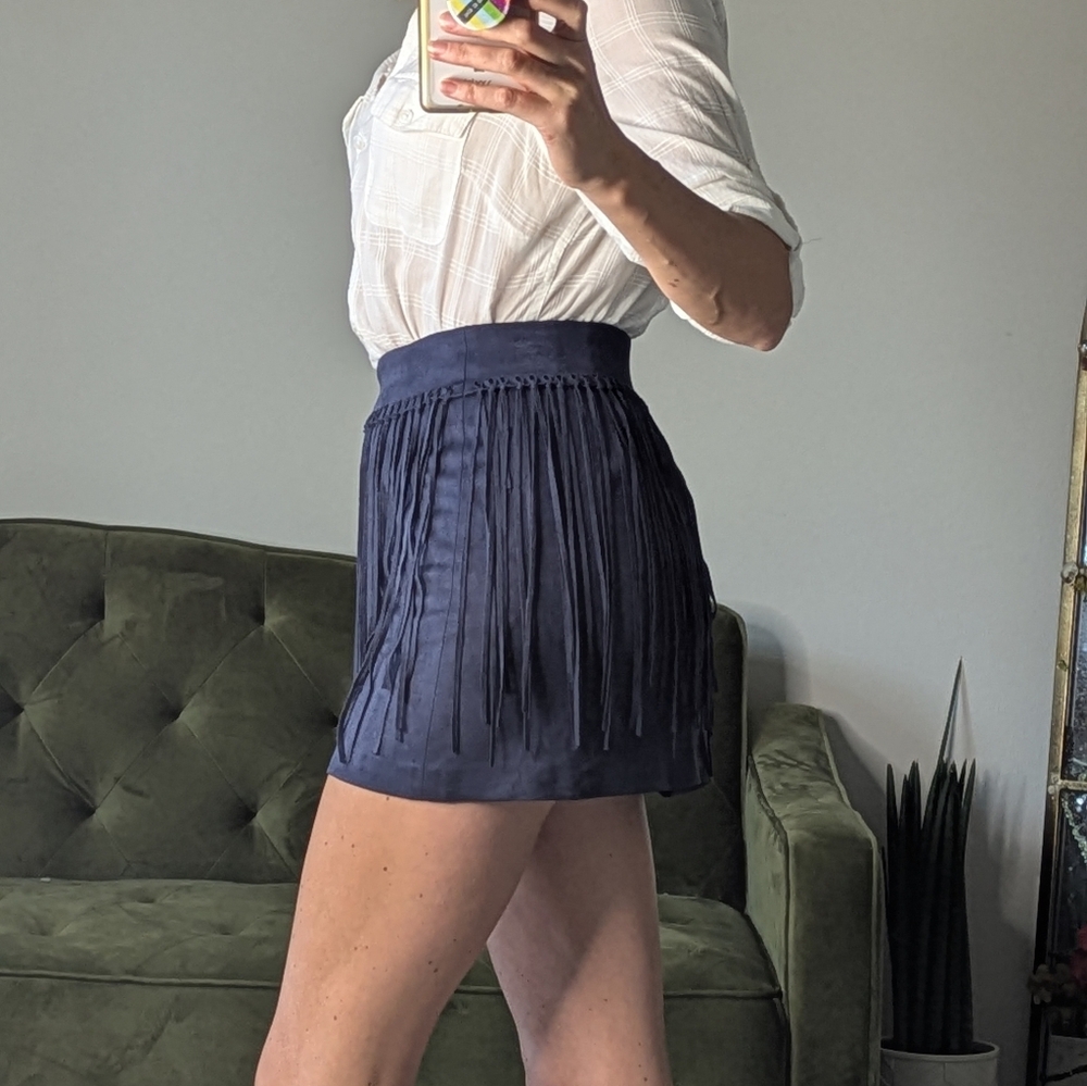 Zara Fringe Mini Skirt Western Cowboy Cowgirl Festival Navy Blue Size XS